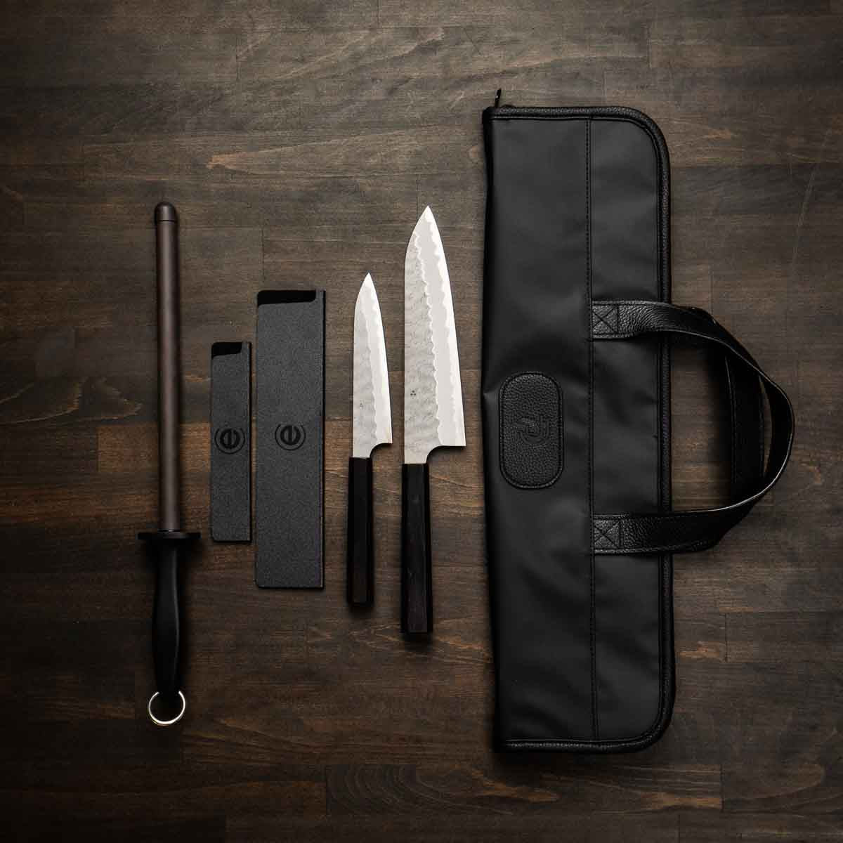 Nigara Hamono Blue Super Tsuchime 2 Knife Set with Porter Knife Bag - Ebony