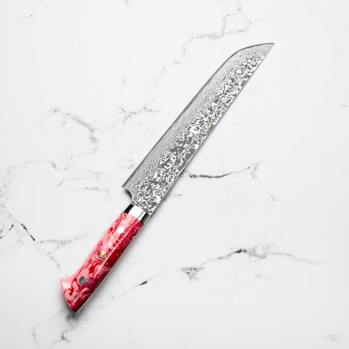 Takeshi Saji R2/SG2 Damascus Sakimaru Sujihiki 240mm Red/Pink Acrylic